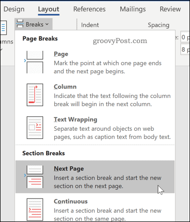 Inserting a section break in Word